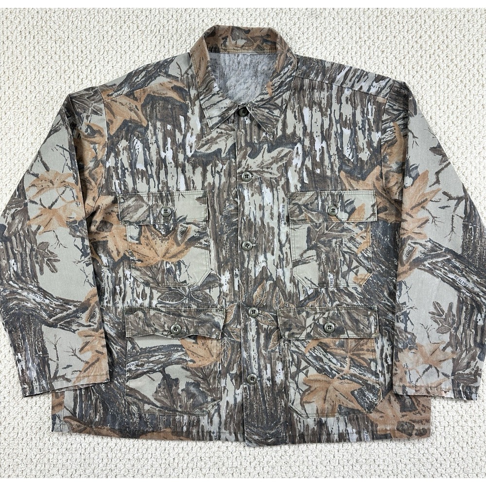 Vintage Realtree Field Jacket Mens L/XL Brown Khaki Button Up Hunting Chore